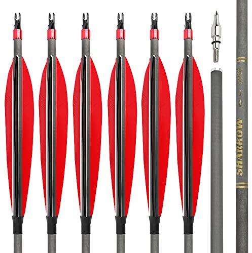 SHARROW Tir à l'arc Flèches de Carbone 30 Pouces Flèches d'entraînement pour la Chasse Spine 500 600 Fletching 6 Pouces Plumes Naturelles pour Tir en Extérieur (12, Rouge, Spine 500)