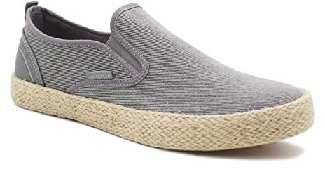 Dr Keller Mens Canvas Slip On Denim Lightweight Casual Pumps Woven Rope Sole Boat Shoes Flat Deck Shoes (Grey), 9 UK