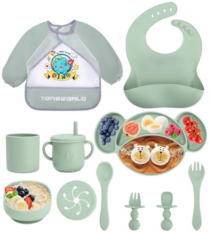 Jissta babyservis i silikon, babytallrik, set med 11 babytallrikar med sugkopp, vattentät, halkfri haklapp och BPA-fri silikontallrik (grön)