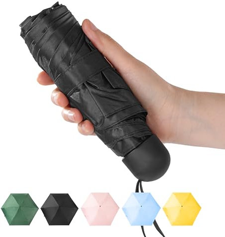 Chakipee Mini Regenschirm Klein Taschenschirm Mit 6 Rippen kompakt Faltbar Leicht Im Freien UV Schutz Regenschirme 260T Stoff kleiner Schirm für Sonne und Regen Schwarz