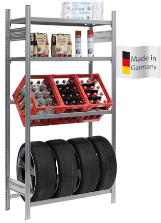 PROREGAL Chiemsee Tire Étagère pour caisses à boissons et pneus fabriquée en Allemagne 200 x 106 x 43,5 cm 3 caisses + 4 pneus et 2 planches Galvanisé Étagère à boissons Étagère de garage Étagère de
