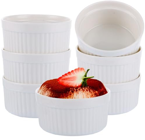 YOUNTHYE Ramekins, 8oz/250ml Ramekins Set of 6 White Porcelain Souffle Dish, Oven Proof Large Ramekin Dishes for Souffle, Pudding, Cakes, Ice Cream and Sauce