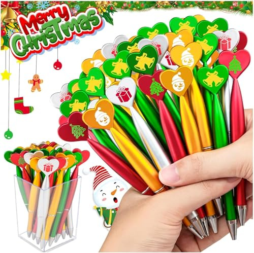 KAHEIGN 48 Piezas Bolígrafos Navideños, 4 Estilos Bolígrafo Retráctil de Tinta Negra 14CM Campana Árbol Caja de Regalo Bolígrafos de Punta Redonda para Navidad Calcetines Rellenos Fiesta Regalos