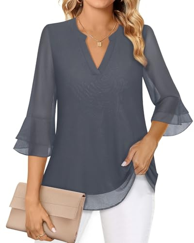Akiooue Blusas de manga 3/4 con campana para mujer, túnica casual con cuello en V, de doble capa de gasa, blusas de trabajo para mujer, tallas S-3XL, 3XL