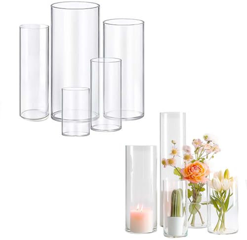 Glass Vase Cylindrical Vase for Desk Decoration, Flower Vase Candle Glass Bottle Pebble Bottle Can Be Used for Party Wedding Banquet Decoration (5, 10+15+19+20+25cm)