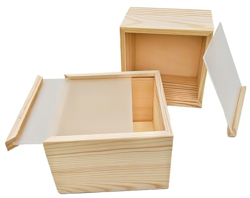 Lote de 2 cajas de almacenamiento de madera sin acabado con tapa deslizante de acrílico, caja de madera cuadrada para almacenamiento de manualidades y organizador decorativo (12 x 12 x 8 cm)