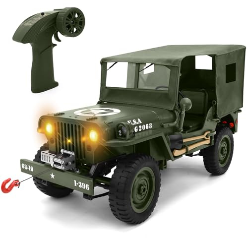 Camion télécommandé hors route – 4 x 4 échelle 1/10 Willys Army Rock Crawler RC Truck avec treuil et housse de voiture, 40 minutes de temps de jeu tout terrain, voiture télécommandée tout-terrain