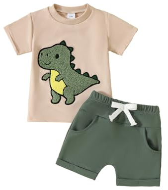 LUVCES Conjunto para Niño Pequeños Verano Ropa Manga Corta Camiones Bordado de Letras Camiseta y Pantalones Cortos con Cintura Elástica Casual Verano Traje Dinosaurio albaricoque 18-24 Meses