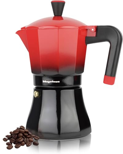 MAGEFESA Traditionell italiensk kaffebryggare, svart och röd, 9 koppar, 450 ml, rostfritt stål och aluminium, alla typer av spisar, induktion, handtag kall beröring