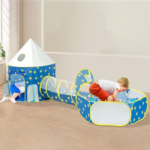 3 in 1 Kids Play Tent with Tunnel Baby Ball Pit Foldable Pop up Tent and Tunnels Playhouse Toys with Portable Storage Bag for Baby Indoor & Outdoor Tents Games, Boys Girls Children Toddler Gifts(Blue)