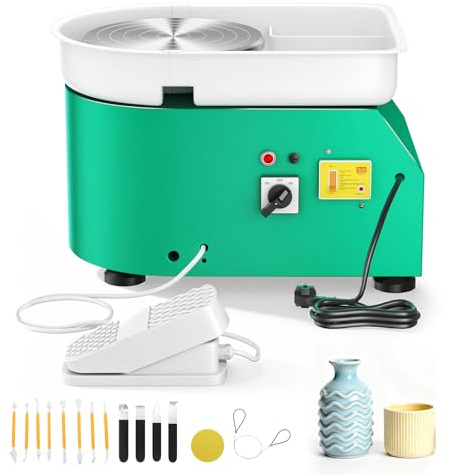 Tornio per Ceramica,350W 25CM Tornio per Argilla con a velocità Regolabile 300rpm, Tornio Ceramica Elettrico con Pedali Ceramica, Kit Strumenti di Intaglio per Adulti, Bambini(Verde)