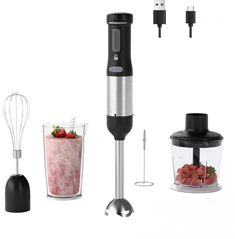 WHUTO Cordless Immersion Hand Blender, 5-in-1 Variable Speed blender handheld,Rechargeable with 2000mAh Battery, BPA-Free & Dishwasher-Safe Accessories:700ml Beaker,Chopper,Whisk & Milk Frother,Black