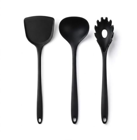 TSUOUKL Set da 3 Utensili da Cucina in Silicone Nero, Include Mestolo, Spatola e Servispaghetti, Resistenti alle Alte Temperature, Accessori per Pentole Antiaderenti