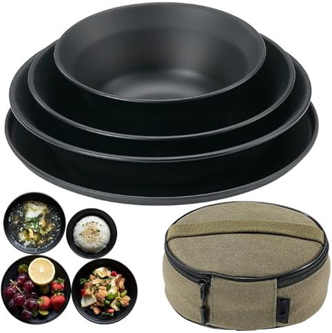 Juego de cubiertos de camping – Kit de vajilla de acero inoxidable | Juegos de cubiertos, taza de plato, cuchara de tenedor, kit de cubiertos 8 en 1 con bolsa de malla – Juego de vajilla para acampar