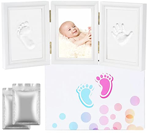 Guyisile Marco de Huellas para Bebé con Arcilla, Kit Recuerdo Recién Nacido con Huellas de Manos y Pies, Portafotos Bebé con Espacio para Fotos, Regalo Nacimiento, Bautizo y Baby Shower 35 x 15,5 cm