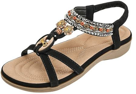 Sandalias Mujer Platafoma Zapatos Ortopedicos Sandalias planas con tiras en T y cuentas para mujer con piedras preciosas de colores y elástico Confort Zapatos Ortopedicos Talla 37