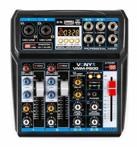 Vonyx VMM-P500 Table de Mixage 4 Canaux, Technologie Bluetooth, MP3/USB, 16 Effets Digitaux, Entrées Microphones, Sonorisation Professionnelle, DJ, Discothèque