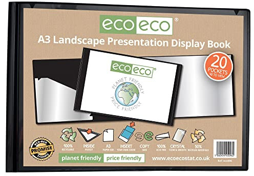 eco-eco eco096 Präsentationsbuch, A3, 50% recycelt, 20 Taschen, Querformat, schwarze Präsentationshülle, Portfolio, Kunstmappe mit Kunststoffhüllen, Schwarz
