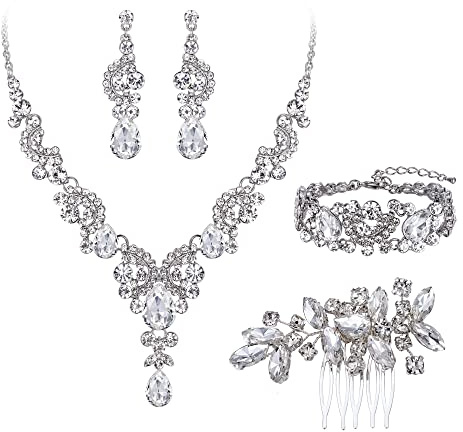 EVER FAITH - Set di gioielli in cristallo da sposa per matrimonio in stile Art Deco, con collana a goccia floreale, orecchini e braccialetto, Groß, cristallo, Nessuna pietra preziosa