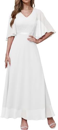DRESSTELLS Abendkleid Damen Hochzeit Festlich Chiffon Spitzenkleid Cape Ärmel Brautkleid Weiß Bodenlang V-Ausschnitt Elegantes Lang Partykleid White M