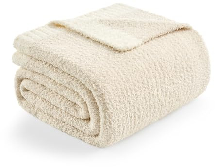 Snuggle Sac Queen size sängkläder filt elfenben, överdimensionerade supermjuka sängfiltar varma mysiga stickade luddiga mikrofiberfiltar för säng, ljung elfenben, 90 x 90