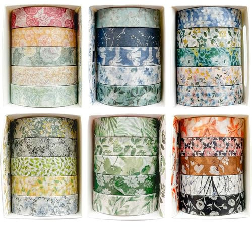 YUBX 30 Rollen Blumen Washi Tape Set Kreative Basic Dünn Dekorative Bänder für Kunst, DIY Handwerk, Bullet Journals, Planer, Scrapbooking, Verpackung (Grünpflanzen Gedeihen)