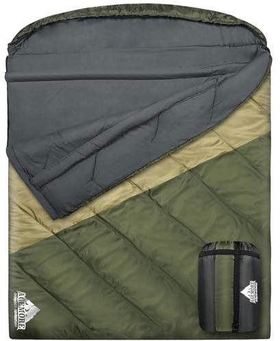 AGEMORE Double Sleeping Bag for Adults, Lightweight Queen Size 2 Person Sleeping Bag with Draft Tubes & Hood, Fit for Warm & Cold Weather Camping Hiking Backpacking Or Traveling