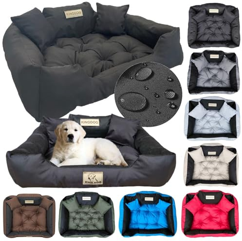 KING DOG Lit pour Très Grands Chiens XXL 130 x 105 cm Personnalisable avec Nom Coussin Imperméable Déhoussable Lavable Canapé Confortable Moelleux Douillet Antidérapant Fabriqué en UE Couleur Noir