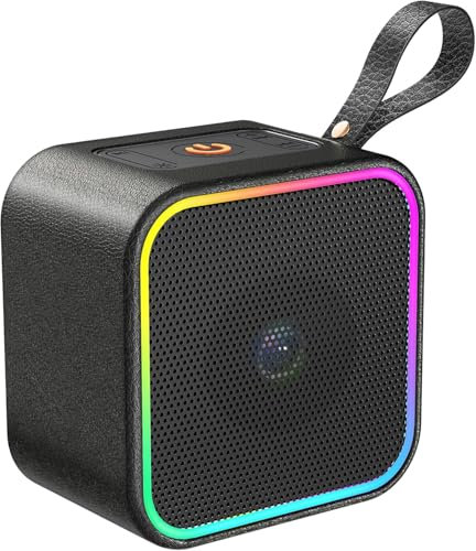 Altavoz portátil Bluetooth, altavoz inalámbrico de cuero Bluetooth 5.3 con luces, sonido estéreo de alta fidelidad, altavoz pequeño con micrófono integrado, 10 horas de reproducción, a prueba de polvo