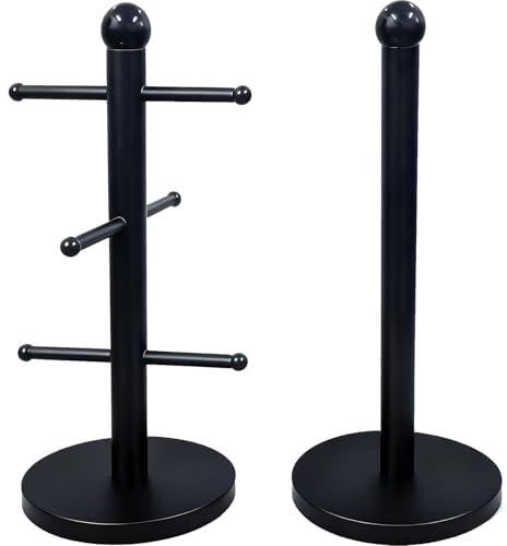 Houbobo Mug Holder Tree and Paper Towel Holder Set, Premium Stainless Steel Kitchen Roll Holders and Coffee Cup Holders with 6 Hooks, Black Kitchen Accessories for Countertop Storage and Organization