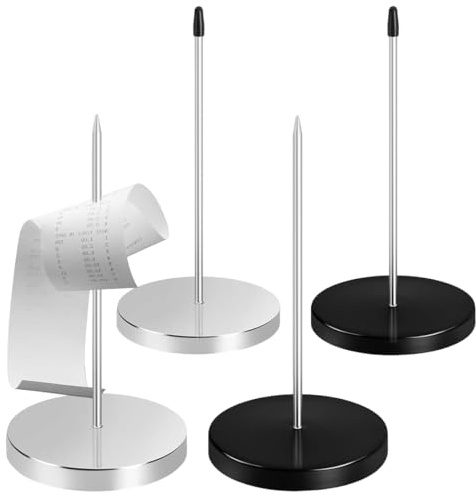 VRYNDH 4 Pièces Pic Ticket CB,Pique-Note en Métal, Pique-Fiches Porte Mémo, Facture Aiguille avec Rond Support Base, Porte-Tickets de Restaurant Cuisine Bureau Hôtel (2*Argenté 2*Noir)