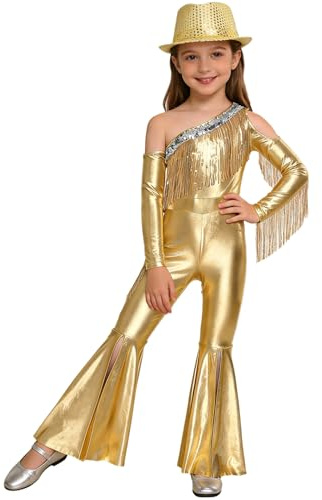 Sywiyi Kids Girls 70s Hippie Dance Costume One Shoulder Metallic Bell Bottom Jumpsuit Flared Pants Bodysuit And Hat Gold 8 Years