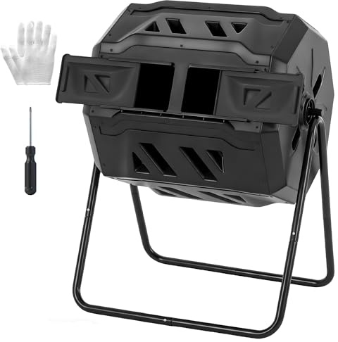 OLIXIS Compost Bin Outdoor 43 Gallon, Dual Chamber Composter Tumbler Outdoor with Gloves, Efficient 360°Rotating Composting Bin for Patio, Lawn, Home Gardening and Landscape, Classic Black