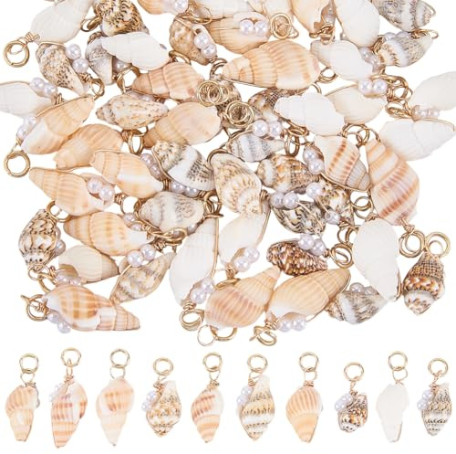 BEAMARKER 70 st naturliga snäckhänge, strandskalberlock med pärla, koppartråd, upprullad berlock för smyckesdesign för kvinnor, halsband, armband, heminredning, bröllop, eu