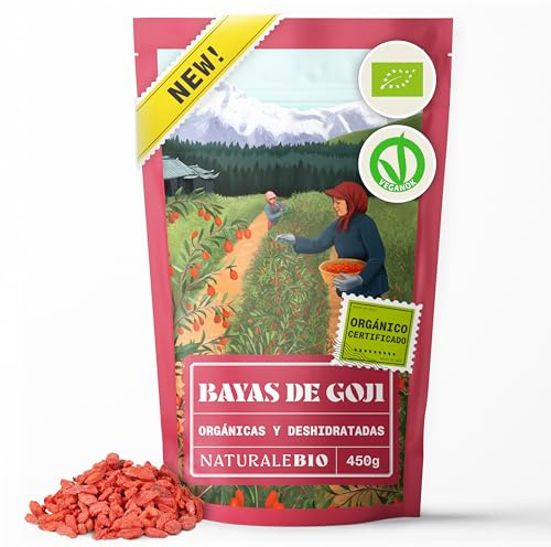 NaturaleBio Baies de Goji 450 g. Fruit séché Traditionnel Chinois. Végan, Riche en Fibres. En-Cas Biologique, sans OGM et sans Gluten – Smoothies, Jus, Desserts