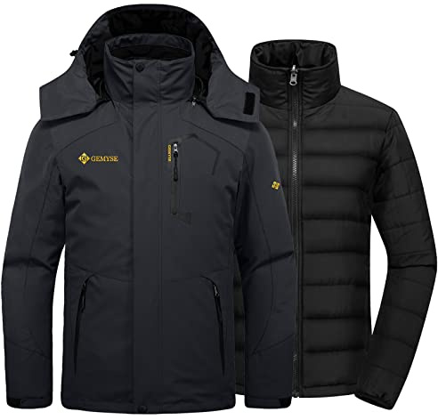 GEMYSE Veste de Ski Homme 3 en 1 avec Doublure Amovible Imperméable Coupe-Vent Respirante avec Capuche Manteau Chaud Hiver pour Randonnée(Noir,M)