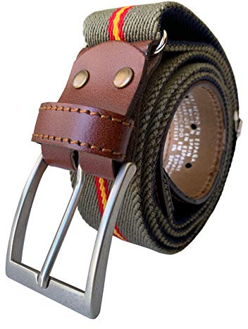 LEGADO Cinturon hombre y pulsera bandera España, cinturon elastico con cuero marron, piel de Ubrique como nuestras carteras y accesorios. (Verde caza con Bandera España)