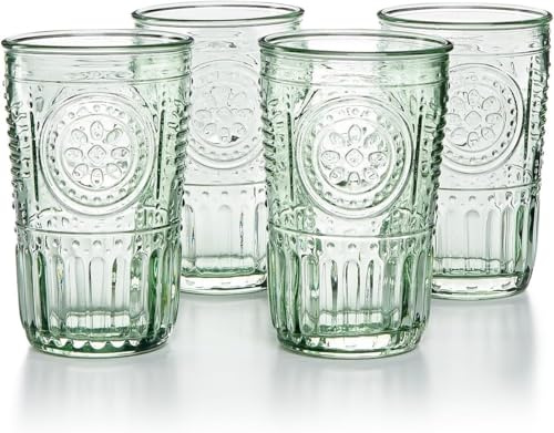 Bormioli Rocco Romantic Set of 4 Cooler Glasses, 16 Oz. Colored Crystal Glass, Pastel Green, Made in Italy.