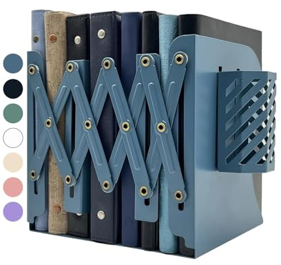 Kingsmile Book Ends, Adjustable Bookends for Shelves, Metal Bookends for Heavy Books, Book Stopper Organzier with Pen Holder for Desk, Kids Room, Office, Classroom, Library, Study Room.(Blue)