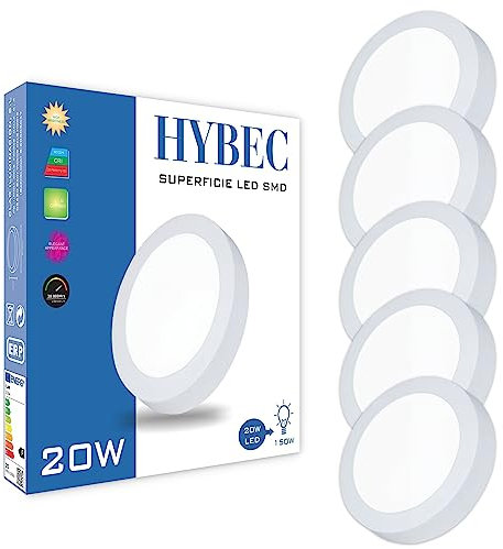 HYBEC - Downlight LED Techo Superficie 20W, Focos de Interior, Downlight Superficie, Plafón, Blanco Frío 6500K (Pack 5)