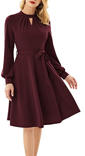 GRACE KARIN Damen Vintage Aushöhlen Stehkragen Kleid Retro Plissee Cocktailkleid Rot M