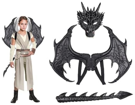 VKI® Costume Ailes de Dragon pour Enfants, Masque de Queue de Dinosaure Costume de Dragon pour Halloween Carnaval Mascarade Cosplay, Noir