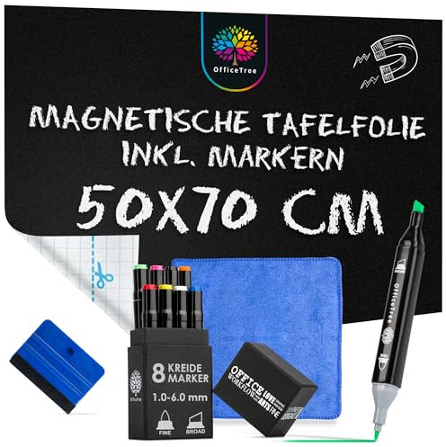 OfficeTree Magnetische Tafelfolie Selbstklebend 50x70 cm - 8 x Kreidemarker Bunt - Magnetfolie Selbstklebend - Fenstermalstifte Abwaschbar Kinder - Kreidefolie und Marker inklusive Tuch & 2 x Kreide