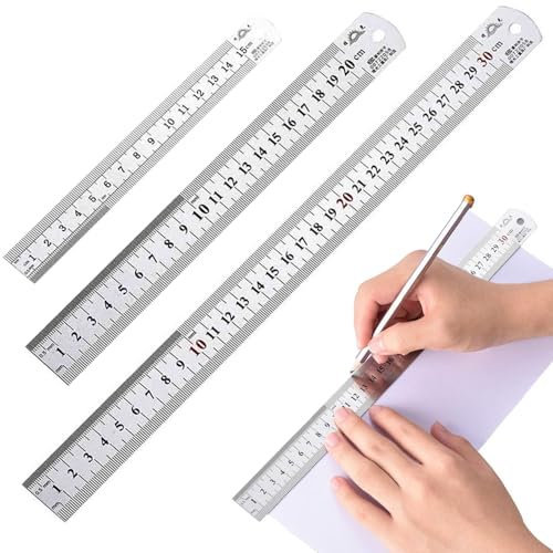 Metall Lineal, 3 Stück Edelstahl Lineal Schneidelineal Stahlmaßstab Doppelseitenskala Ruler, Metall Stahllineal für Engineering Lehre Zeichnungen Büro Schule 15cm/20cm/30cm