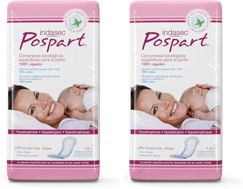 Indasec Pospart Compresas Tocológicas Algodón - 12 Unidades (Paquete de 2)