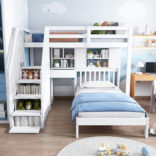 Merax Wooden Bunk Beds for Kids, 3FT Loft Bed with Stairs and Guard Rail, Single Bed with Slatted Frame, Space-Saving Kids Bed with Desk and Shelves, Ample Storage Space, White, 90x190 cm(No Mattress)