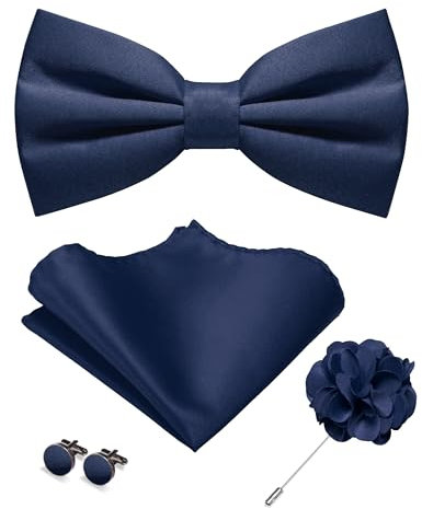 JEMYGINS Herren Matte Einfarbige Fliege mit Taschentuch Manschettenknöpfen und Ansteckblume Set Marineblau