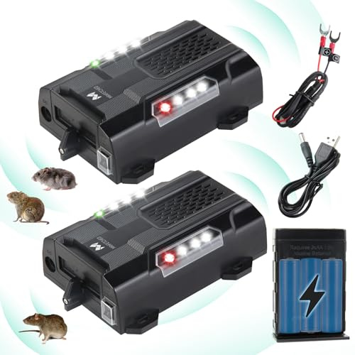 Ultrasonic Rodent Repellent for Car EnginesOutdoor Indoor Mouse Repellent for Cars with Strobe Lights, Rat Deterrent for VehicleTruck Attic Garage Under Hood Pest Control Repeller (2, Black with Red)