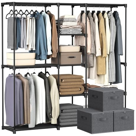 SONGMICS Armadio Aperto con Set di 3 Scatole Portaoggetti, Guardaroba con Barre e Ripiani in Tessuto, Contenitori Pieghevoli in Tessuto con Maniglie, Nero e Grigio RYB037B01