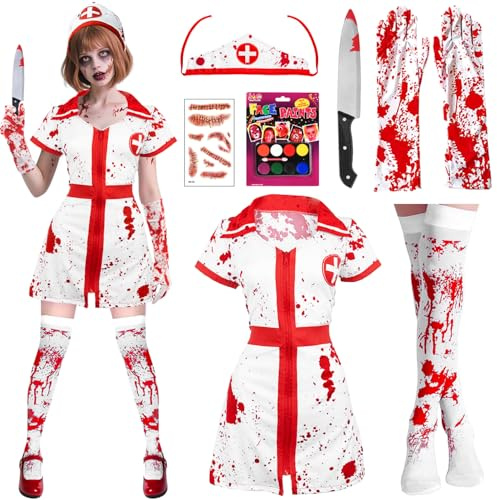 UNIANE Zombie sjuksköterska kostym set, halloween kostym damer, skräck blodig nurse kostym med hatt handskar strumpor klistermärke kniv ansiktsmålning, för karneval, cosplay, maskerad, fester